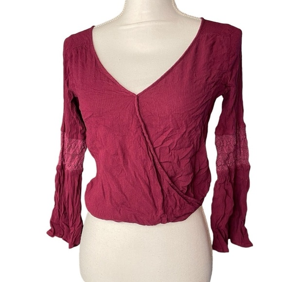 American Eagle Outfitters Crop Women’s XS Cross Over Shirt Long Sleeve Maroon - Picture 1 of 16